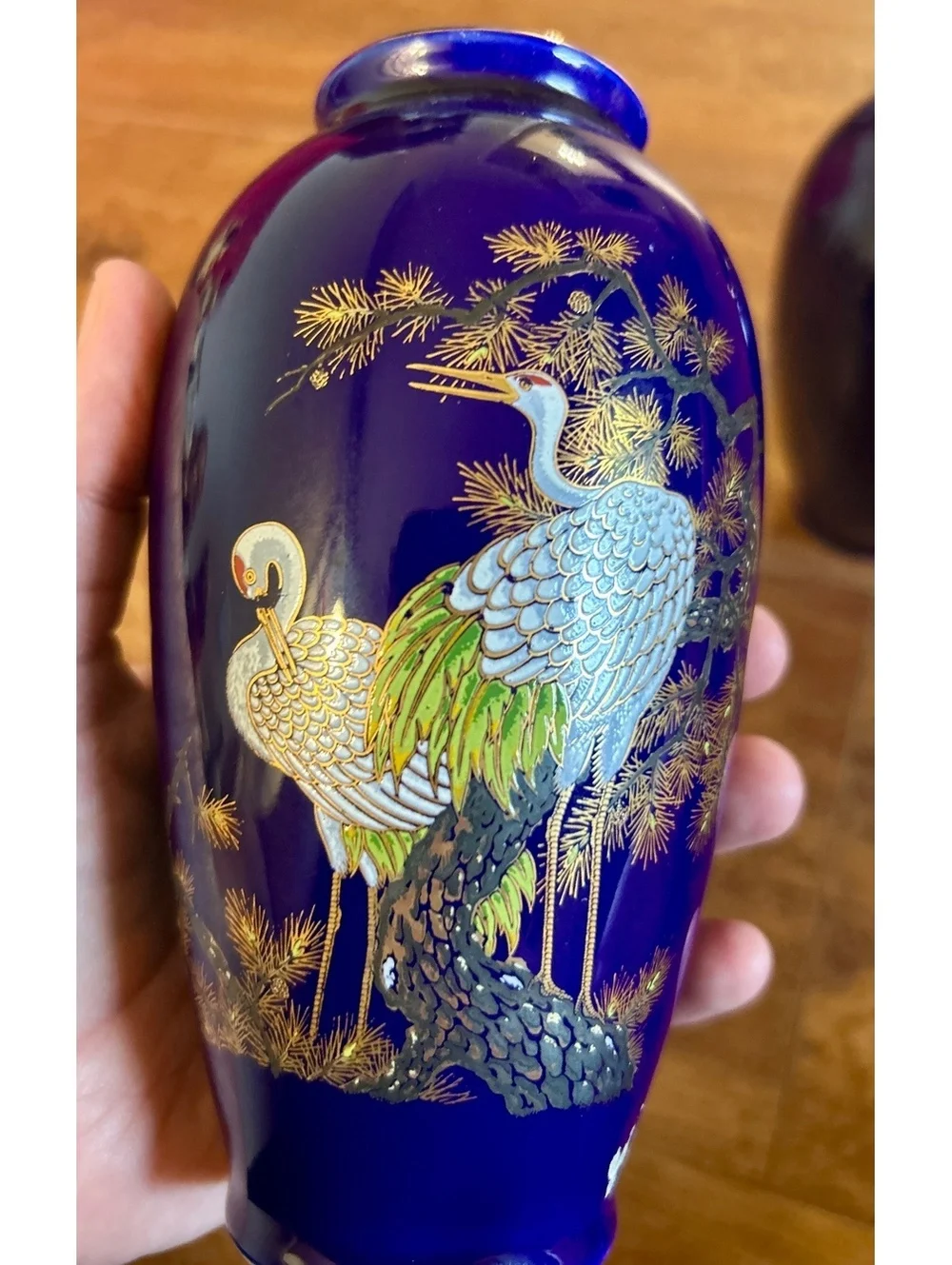 Pair of Vintage Blue Ceramic Vases with Crane Bird Design from Japan